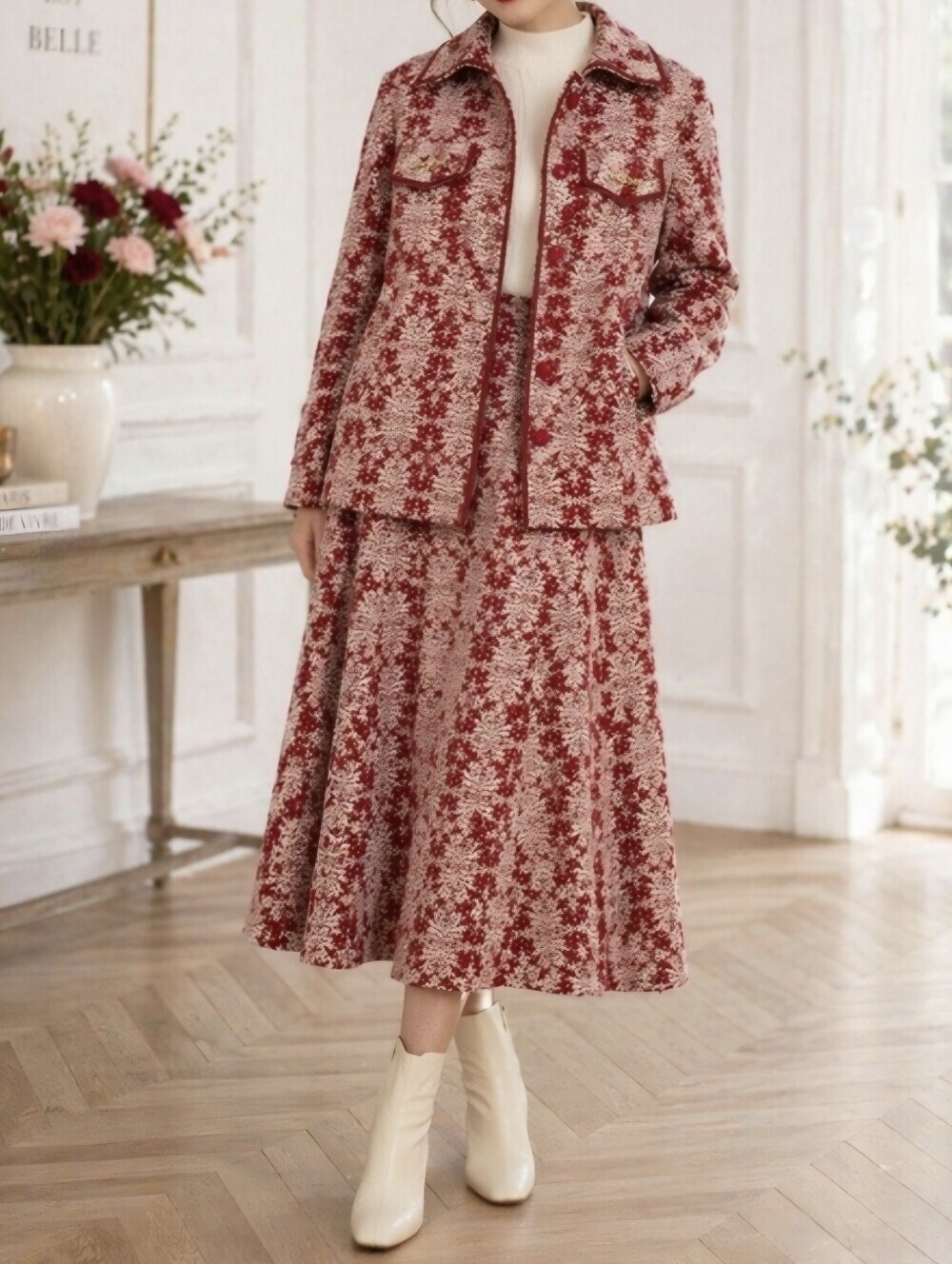 Vintage Penny Japanese Wool Blend Skirt Set 2 Piece Jacquard Blazer Set S